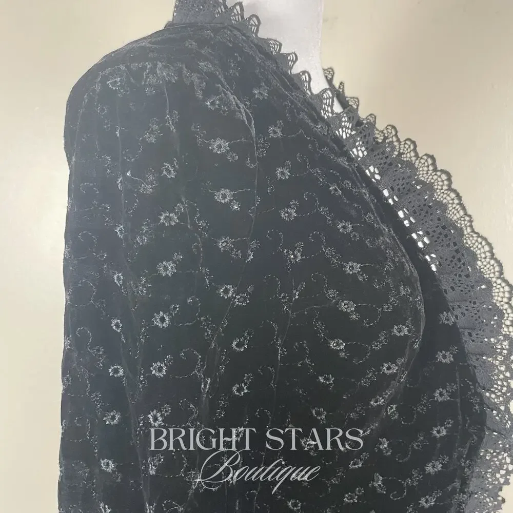 Rare Black Velvet Blazer ASO Lorelia Gilmore Girls Velvet Tie Front Lace Trim - Picture 10 of 13
